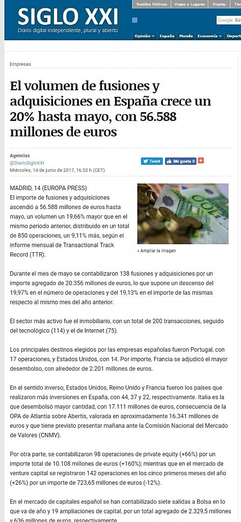 El volumen de fusiones y adquisiciones en Espaa crece un 20% hasta mayo, con 56.588 millones de euros